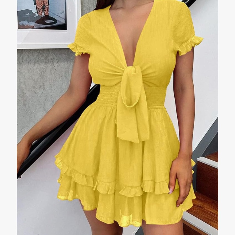 Yellow Flutter Sleeve Tie-Front Mini Dress - Picture 2 of 8